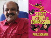 A photo of Paul Zacharia juxtaposed with the cover to his book The Secret History of Compassion